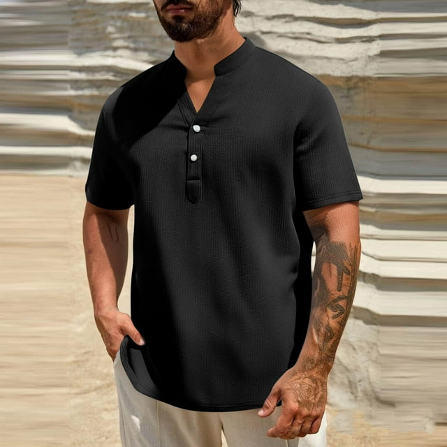 pstuiky camisetas de manga larga para hombre, Camisas de manga larga con cuello alto y botones sólidos para hombre camisetas de hombre xxxl