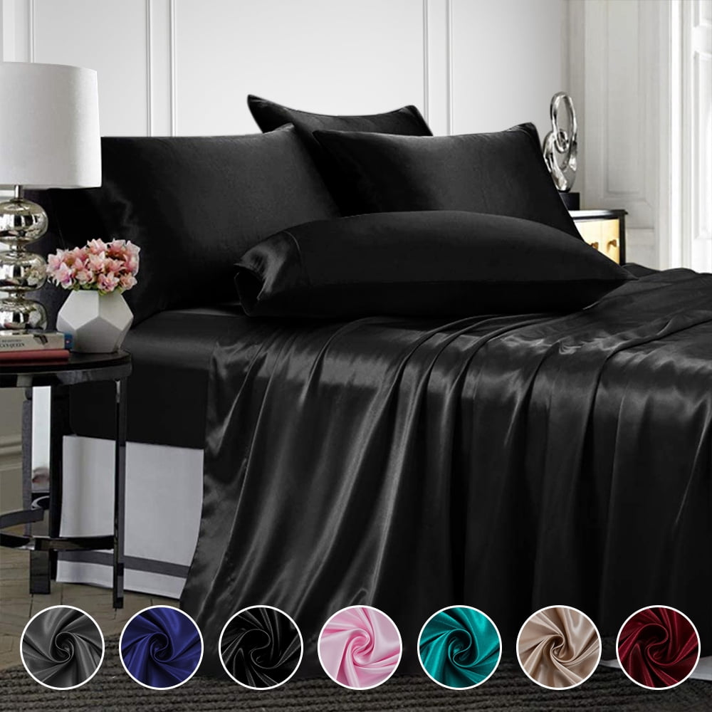 ANMINY Satin Sheets Twin Silk Sheets Gray Bed Sheet Set Deep Pocket Bed Flat Fitted Sheet, 3-Pieces