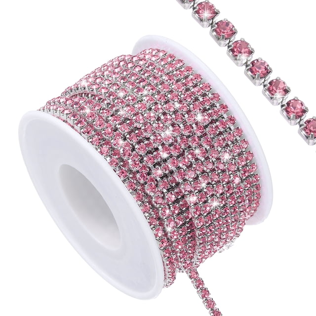 Uxcell 11 Yardas de Cadena de Strass de Cristal Cerrada, Tiras de Diamante de Strass de Cristal, Strass Rosa Rojo con Base Plateada