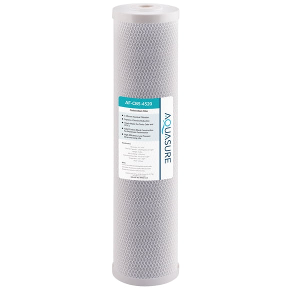 Aquasure Fortitude V Series 20" x 4.5" 5-Micron Coconut Carbon Block Whole House Replacement Water Filter (AF-CB5-4520)