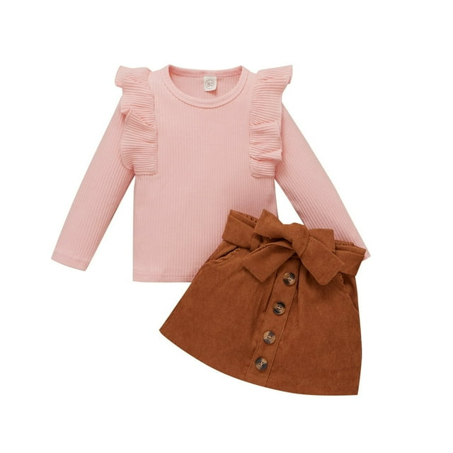 Toddler Girls Clothing Set Ruffle Shoulder Solid Color Knitted Long Sleeve Top+Button A-line Skirt