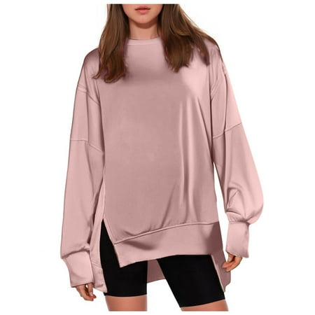 kpoplk Sweatshirts for Women Crewneck Long Sleeve Striped Tops Lightweight Fashion 2024(Pink XL)