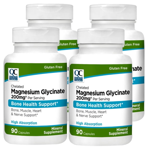 Quality Choice Magnesium Glycinate 200 mg - Bone, Muscle, Heart & Nerve Support, 90 Capsules - 4 Pack
