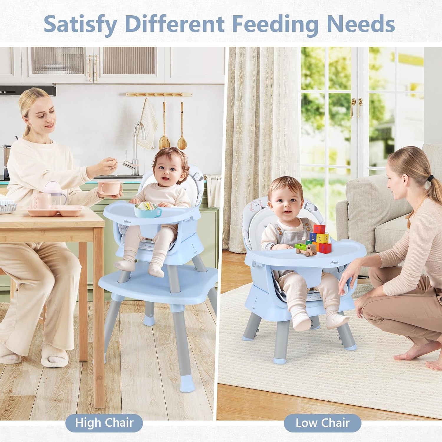 INFANS 8 in 1 Baby High Chair, Convertible Highchair for Babies and Toddlers, Infant Dining Booster Seat, Building Block Table, Kids Stool Table Chair Set with Removable Tray