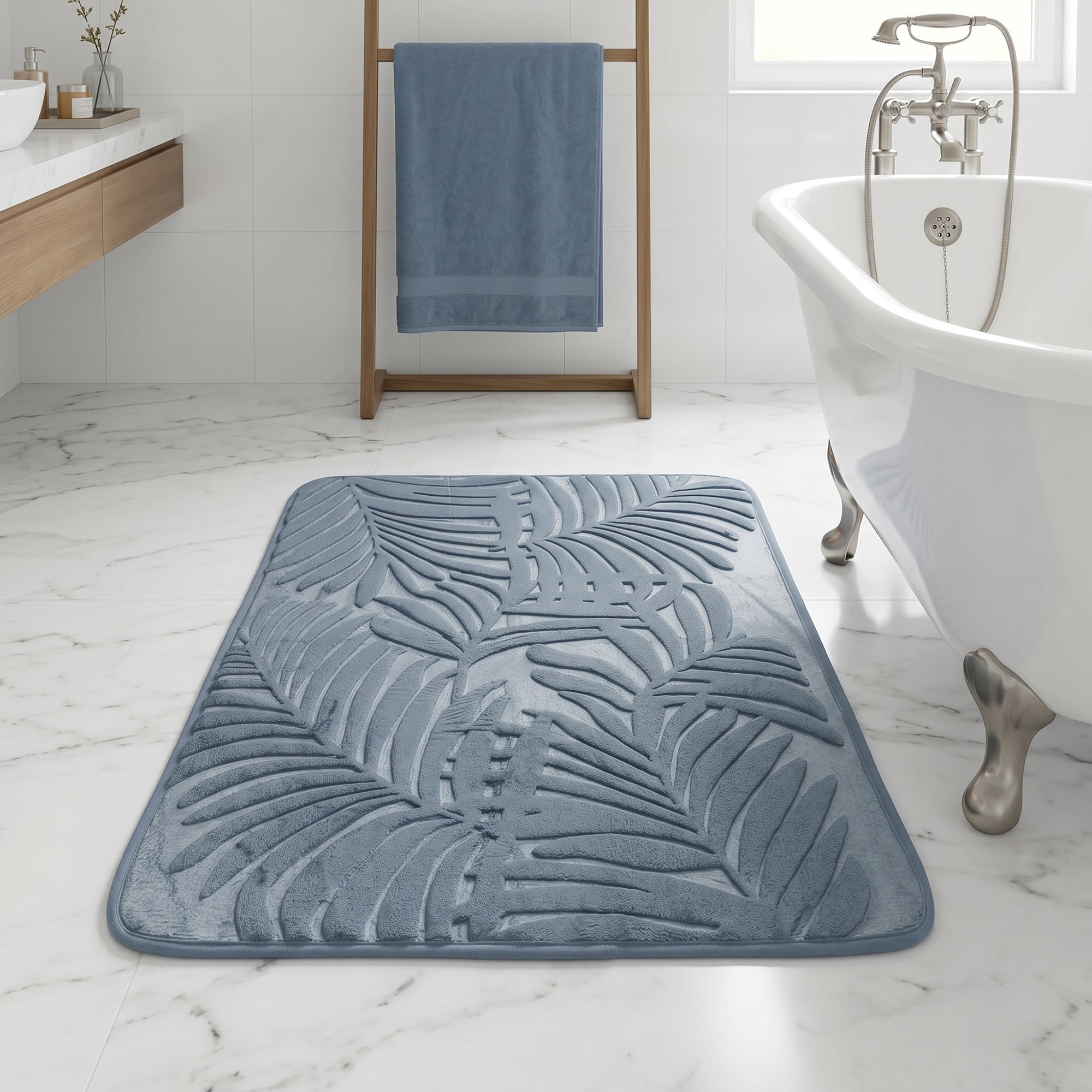 Unique Bargains Non Slip Absorbent Microfiber Plush Shaggy Bath Mat Blue 32" x 20"