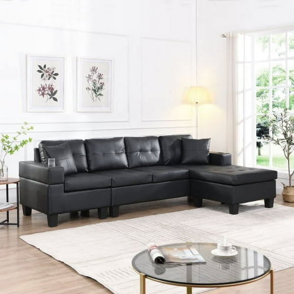 ASINMAK 97" L Shaped Couch Faux Leather Sectional Couch Upholstered 3 Pieces Sofas for Living Room with Chaise, Ottoman with Storage for Office and Small Apartment, Black