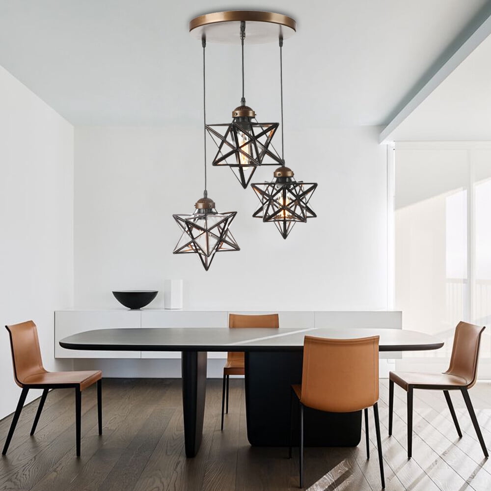 Miumaeov Moravian Star Pendant Light 3-Light Vintage Clear Glass Chandelier Star Hanging Lighting Fixture Adjustable Height for Kitchen Island Living Room Bedroom Brown