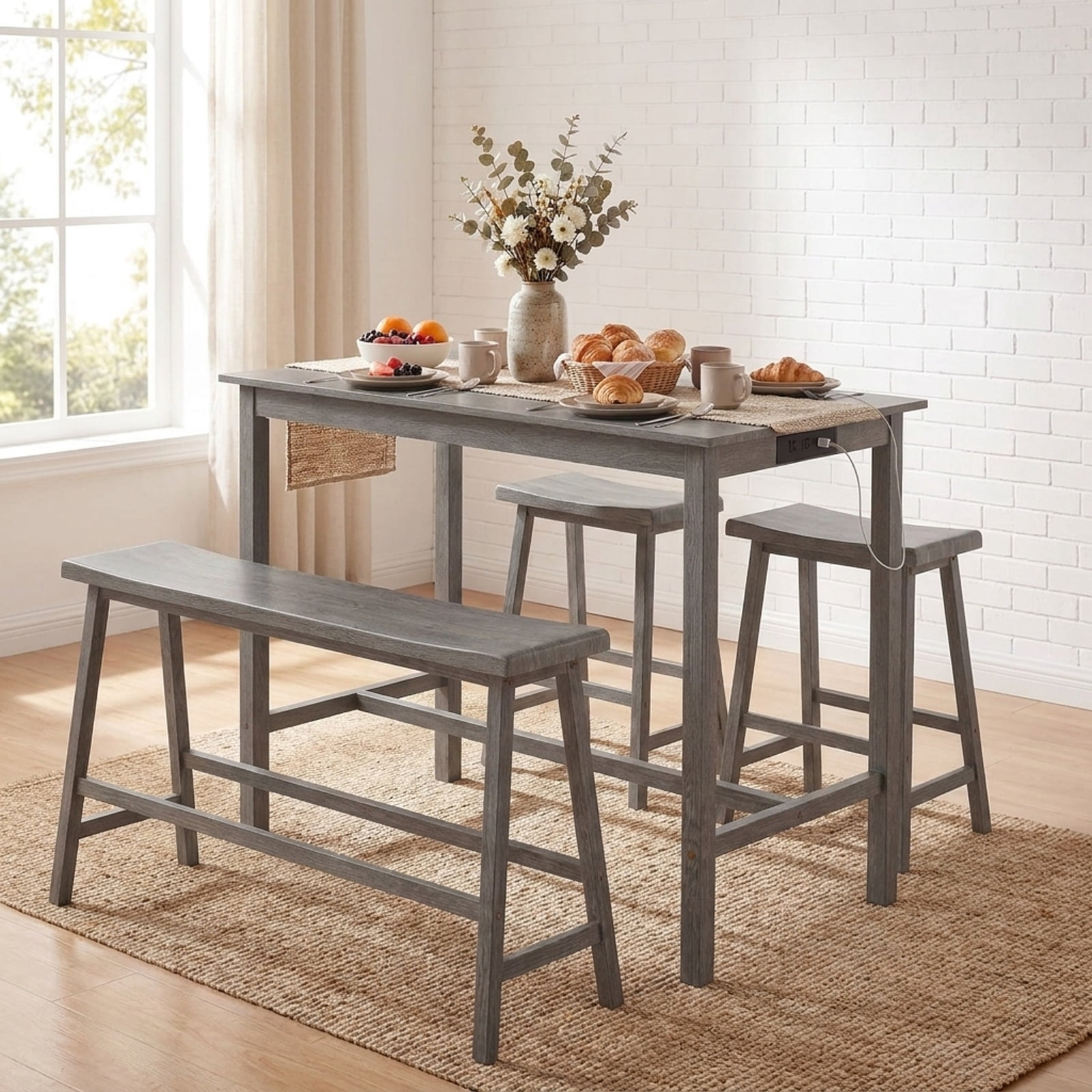 Furnibear 4-Piece Counter Height Dining Table Set with Power Outlet Solid Rubber Wood Kitchen Table for Kitchen Dining Room Breakfast Nook Home, Gray