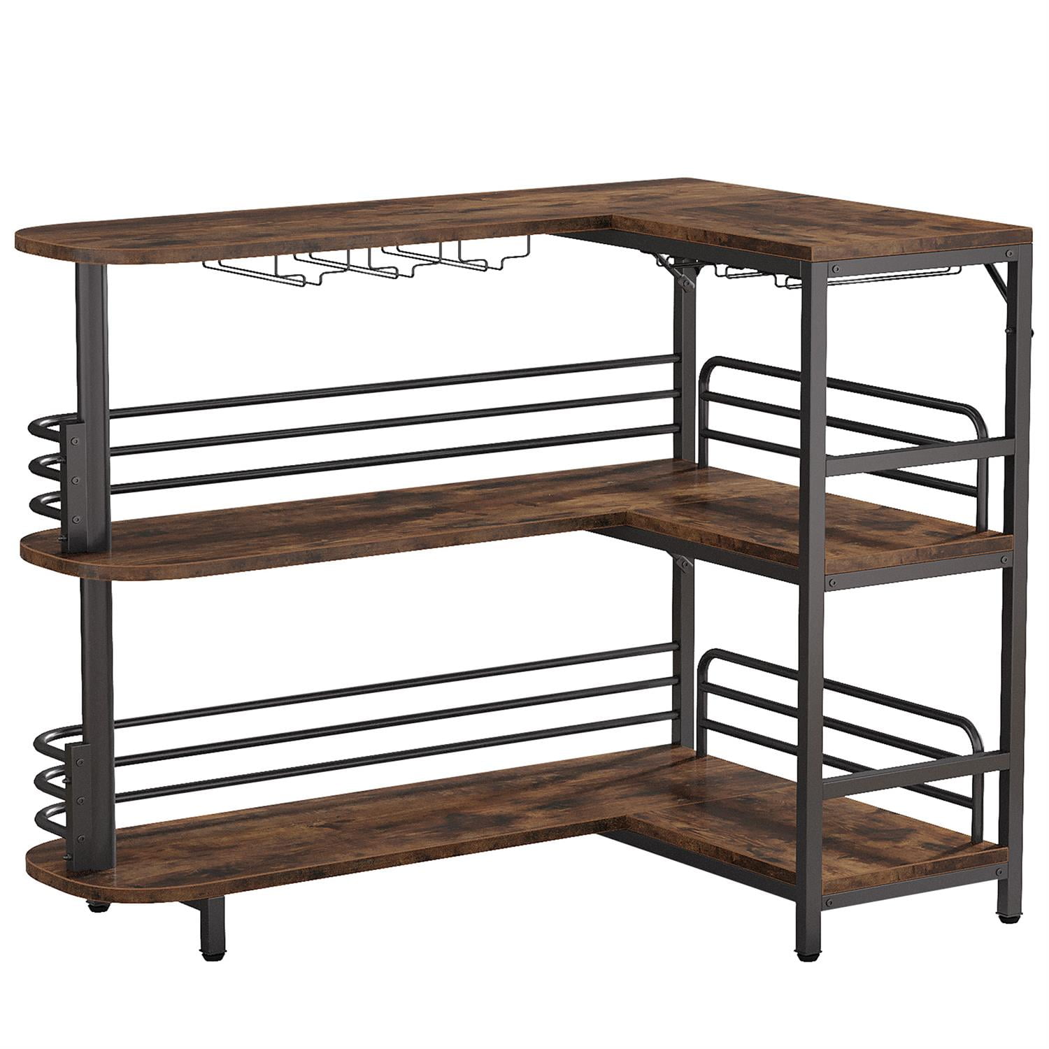 Demi Bonn 47" L-Shaped Bar Unit, 3 Tier Liquor Bar Table Cabinets with Wine Glasses Holder, Pub Tables for Kitchen, Dining Room, Brown