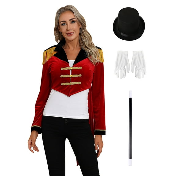 Sxiwei Women Circus Ringmaster Costume Magician Costume Velvet Tailcoat with Hat Gloves and Wand Set Red M