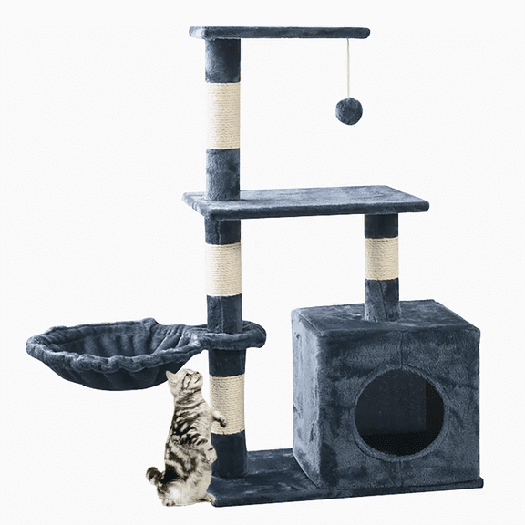 Asunby Cat Tower Tree,38-inch Multi-Level Cat Tree for Kittens | Gray-Blue | 2 Hammocks, Top Platform & Pompoms