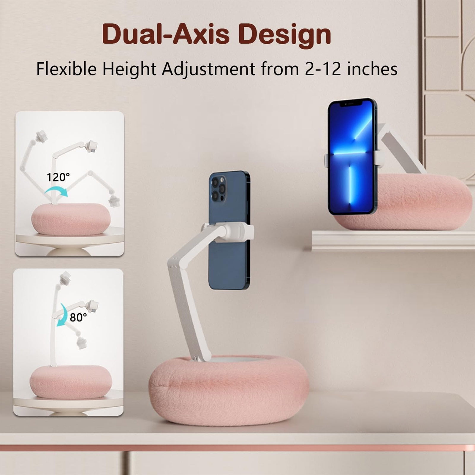 Rotatable Adjustable Bed Phone Stand With Plush Pillow Mount Double Joint Arm For Eye Levels Viewing Neck Strain Relief