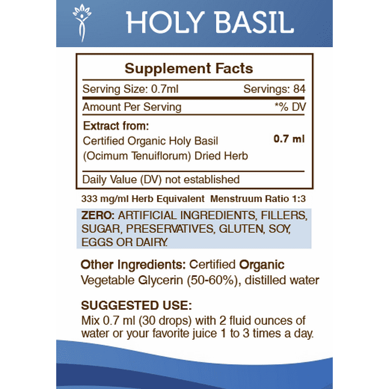 Holy Basil Tincture Alcohol FREE Extract Organic Holy Basil Ocimum Tenuiflorum Dried Herb 2 oz