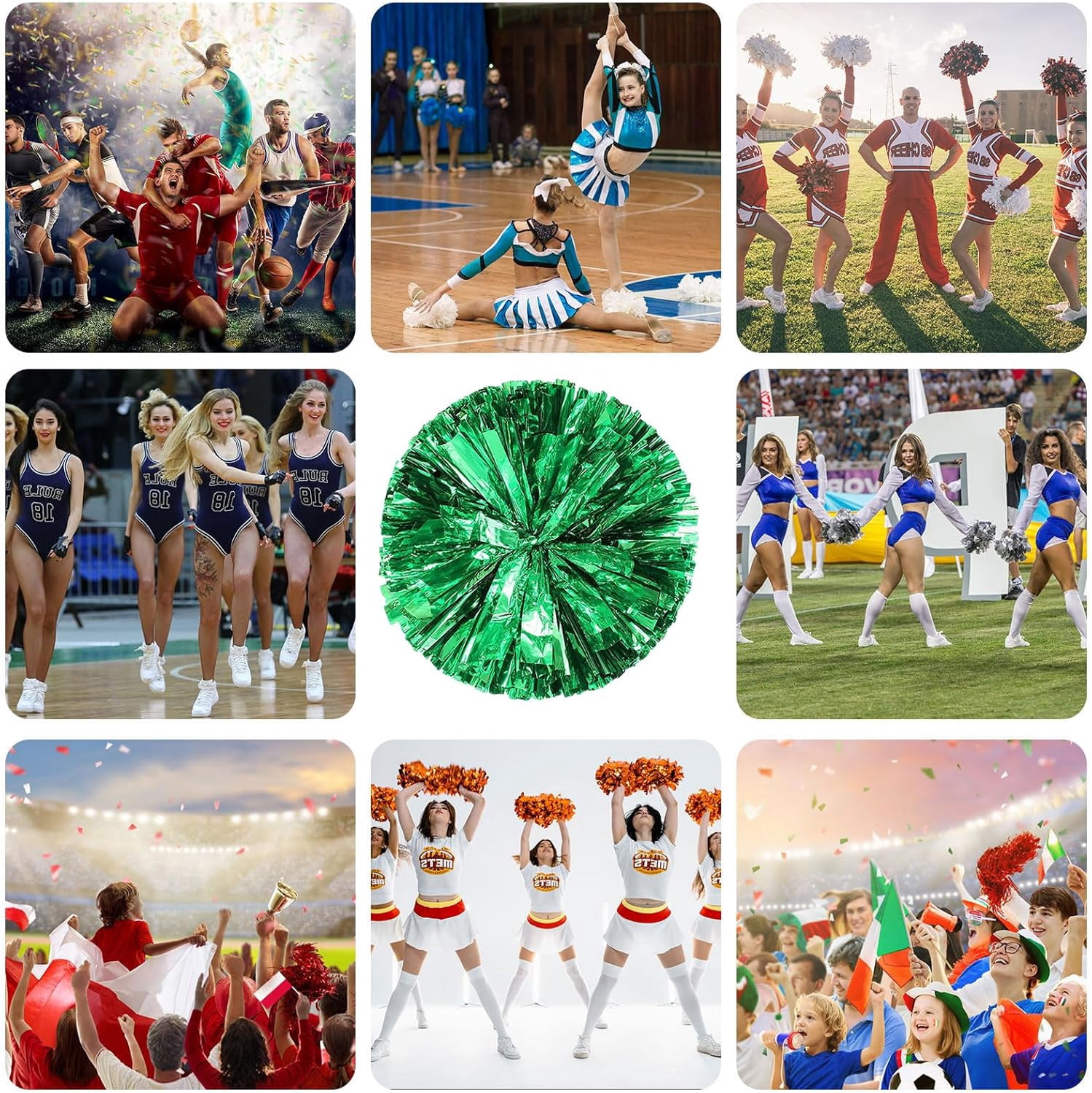 8 PCS Metallic Cheerleading Pom Pom for Team Spirit Sports Dance Cheering Kids Adults-Ring Style