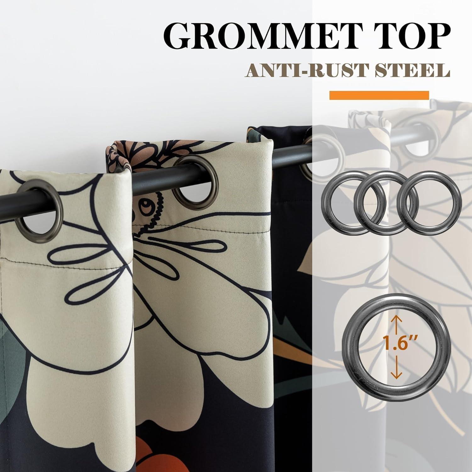 Tyrot 2 Panels Black Boho Floral 100% Blackout Curtains for Bedroom Grommet Curtains, 52" x 84"