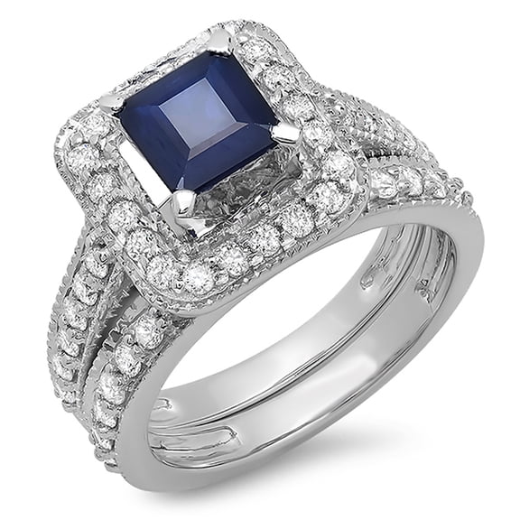 Dazzlingrock Collection 14K Princess Blue Sapphire and White Diamond Halo Engagement Matching Ring Set, White Gold, Size 5