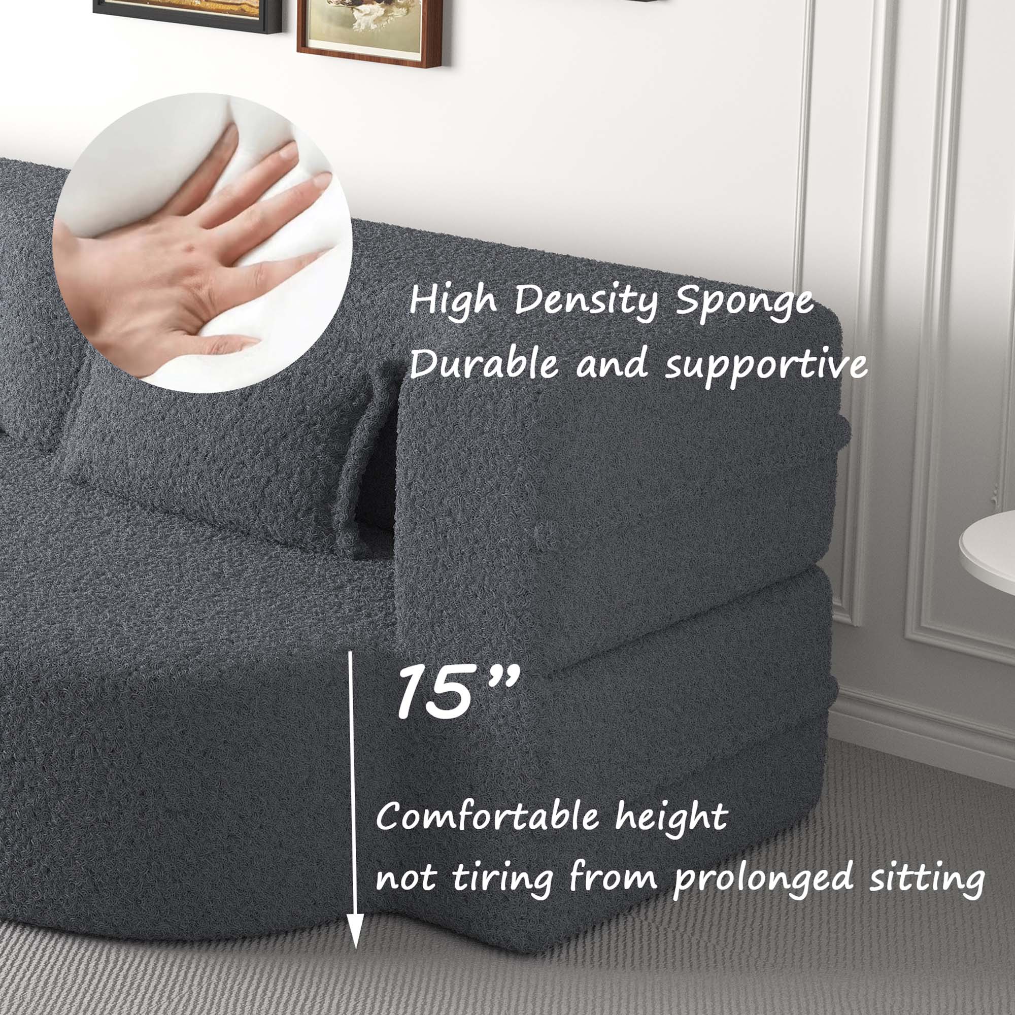 Miniyam Floor Sofa with 2 Pillows, Convertible Teddy Fabric Foam-Filled Sleeper Sofa Bed, Grey