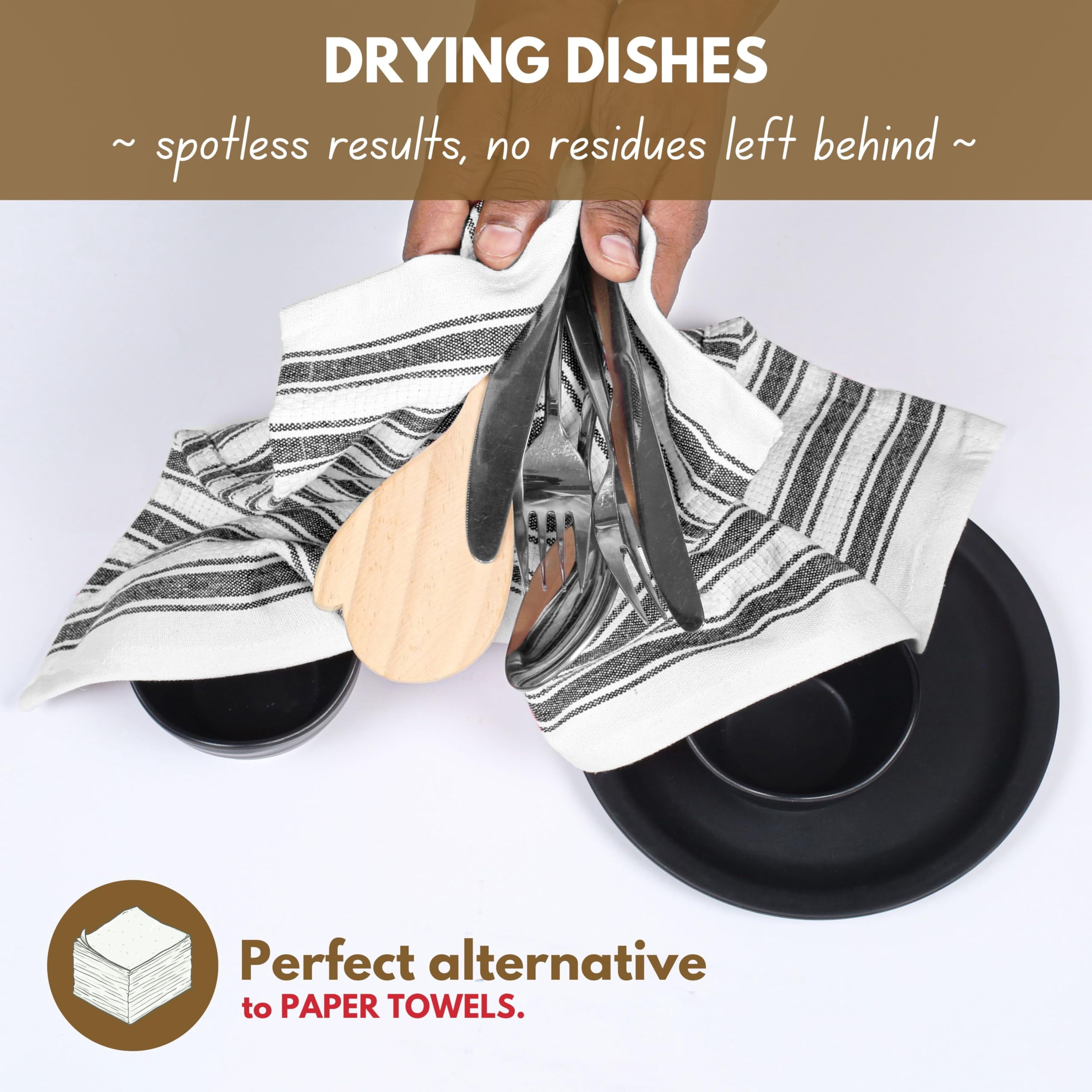 Native Fab Striped Kitchen Towels Set of 4, 100% Cotton, 16x26, Quick Dry Dish Cloths, Black White