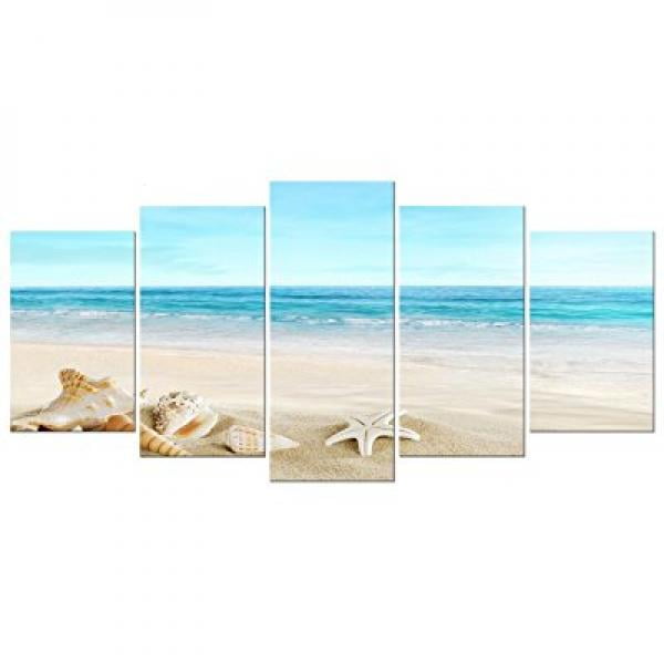 Pyradecor 3 Panels Starfish Seashell Bottle Beach Pictures on Canvas Wall Art Modern Seascape Stretched and Framed Giclee Canvas Prints Seaview Landscape Artwork for Bedroom Home Office Decorations 