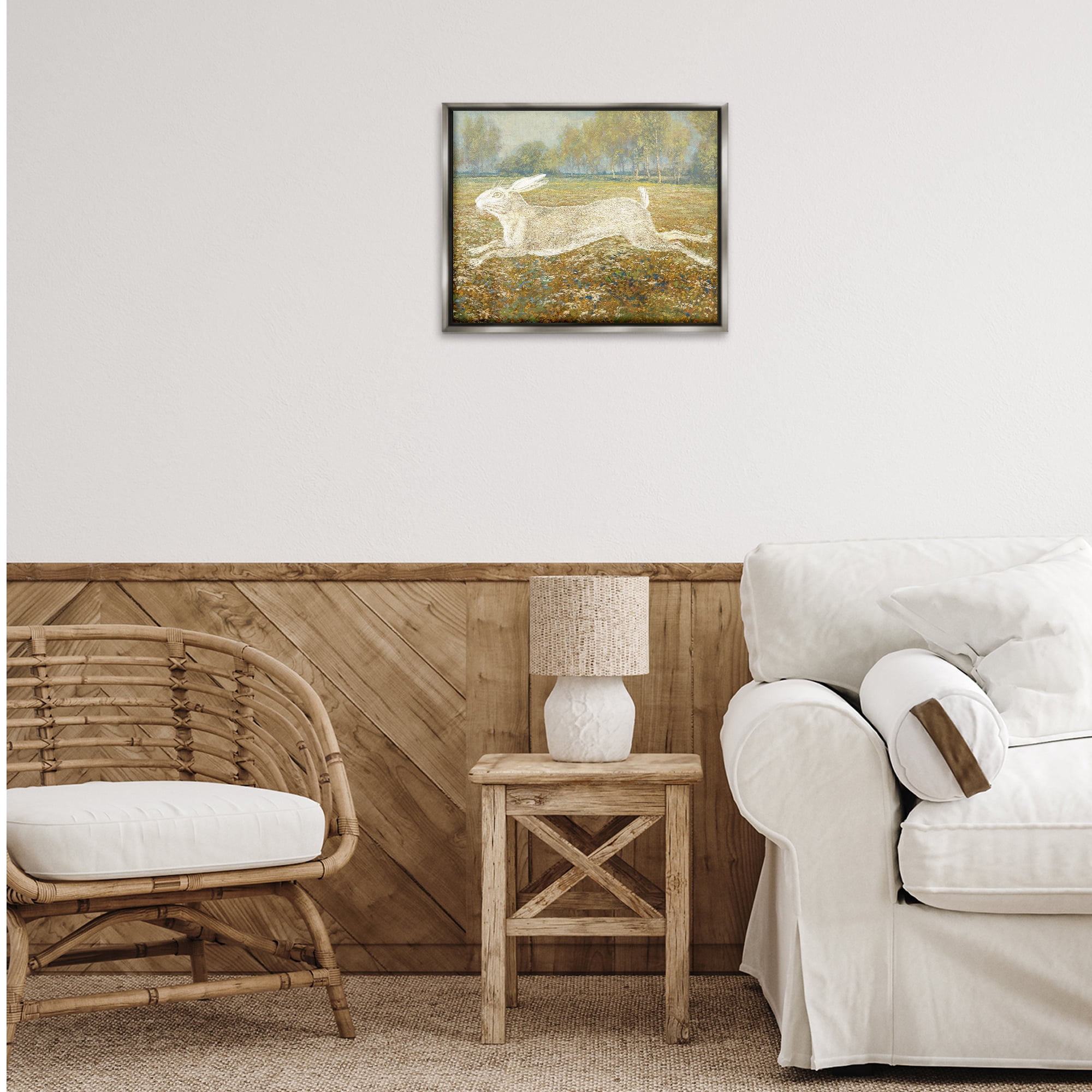 Stupell Industries Impressionist Jumping Hare Landscape & Nature Painting Gray Floater Framed Canvas Art Print Wall Art, 21 x 17