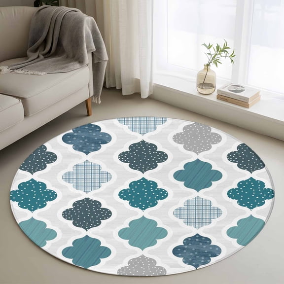 Bohemia Round Area Rug 3Ft Washable Small Circle Rugs for Kitchen Entryway, Vintage Moroccan Geometric Pattern Blue Green Gray Non-Slip Carpet Floor Mats Indoor Outdoor Carpet Runner Home Decor