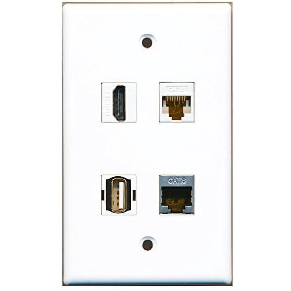 RiteAV - 1 Port HDMI 1 Port USB A-A 1 Port Shielded Cat6 Ethernet 1 Port Cat6 Ethernet White Wall Plate