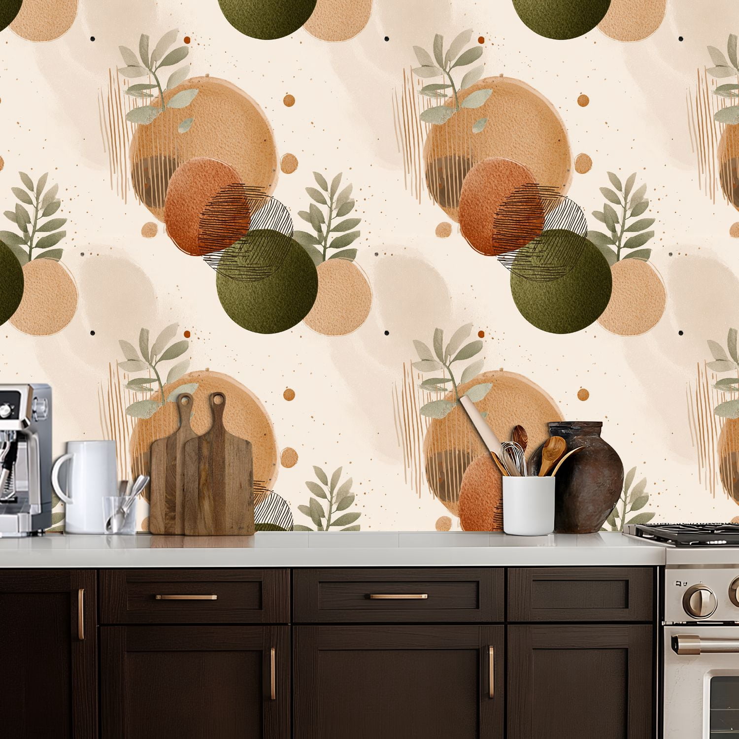 Peel and Stick Wallpaper Abstract boho Earthy Tones Botanical Elements Wall Mural 17.7in x 9.8ft Self Adhesive Removable Wall Paper Renter Friendly Wallpaper for Bedroom Kitchen Bathroom