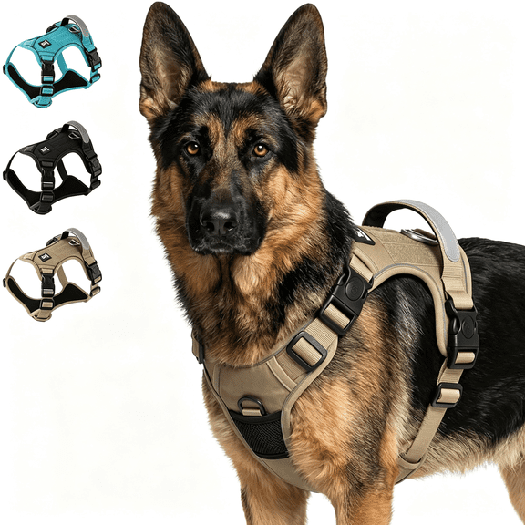 GASTROPOD Heavy Duty Tactical Dog Harness for Large Dogs,No Pull Reflective Adjustable Pet Harness with Handle,Dual Leash Attachments&Lockable Buckles,Strong Control for Walking&Training (L,Khaki)
