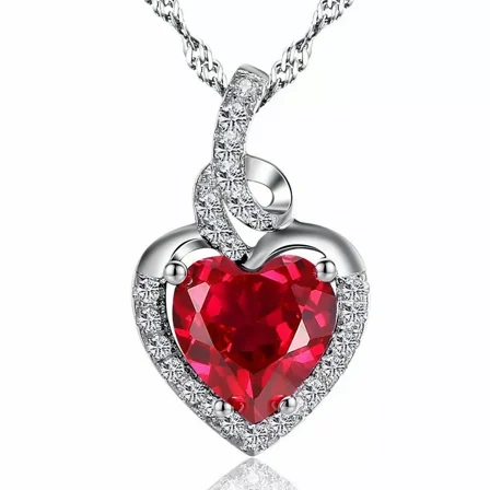 2.00Ct Heart Cut Ruby & Simulated Diamond Pendant Necklace, 14K White Gold Plated Sterling Silver, Romantic Jewelry for Women