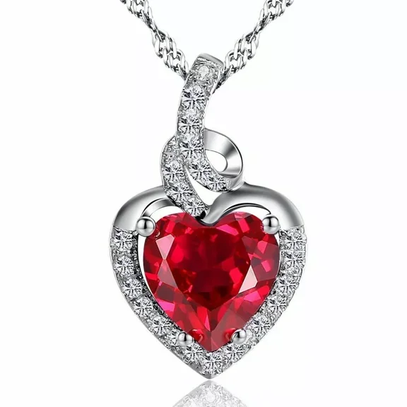 2.00Ct Heart Cut Ruby & Simulated Diamond Pendant Necklace, 14K White Gold Plated Sterling Silver, Romantic Jewelry for Women