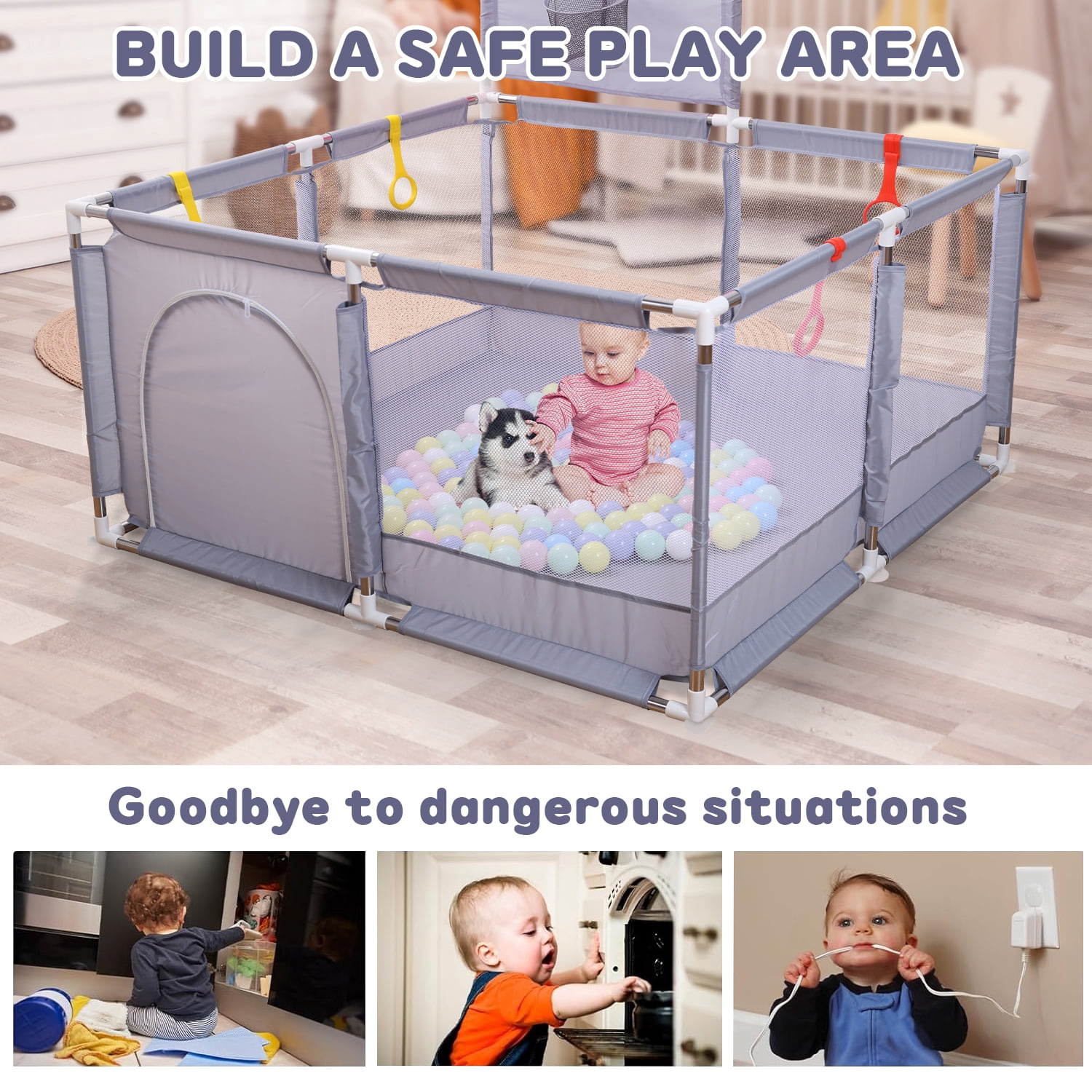 JoyStone 50 x 50 Baby Playpen with 30 Ocean Balls, Soft Mesh Sides, Basketball Hoop & Pull Rings, Indoor Baby Fence for Toddlers, Grey