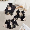 thumbnail image 6 of Xfvqtps Womens Pajama Set 3 PCS Sling Short Pants and Long Pants V Neck Flower Print Satin Soft Comfortable Silky Nightwear Black, 6 of 7