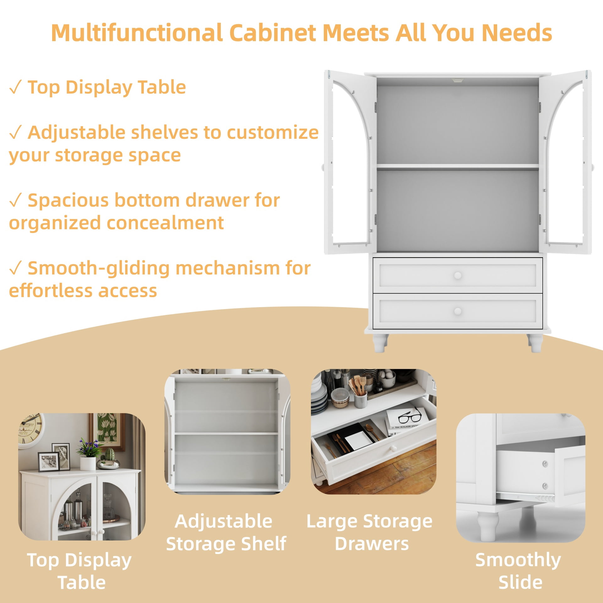 Aukfa Buffet Pantry Cabinet,Arched Glass Door Wood Sideboard Storage Cabinet for Dining Room Hallway Entryway,White