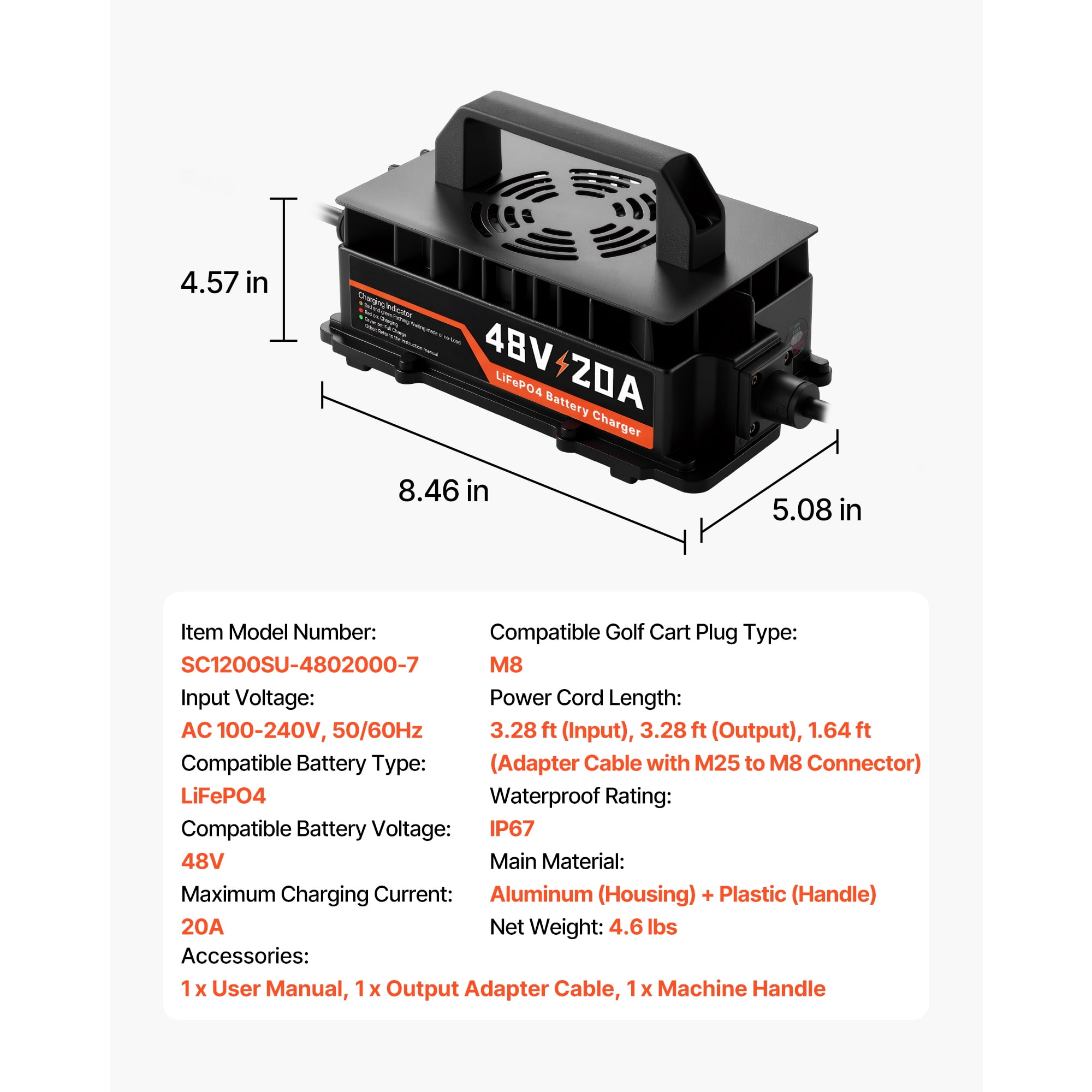 KFFKFF 48V 20A Golf Cart Battery Charger for Lithium Batteries, Durable Aluminum Shell, Trickle Charging, LED Display, Cooling System, Suitable for Forklifts, RVs, and Waterproof Design