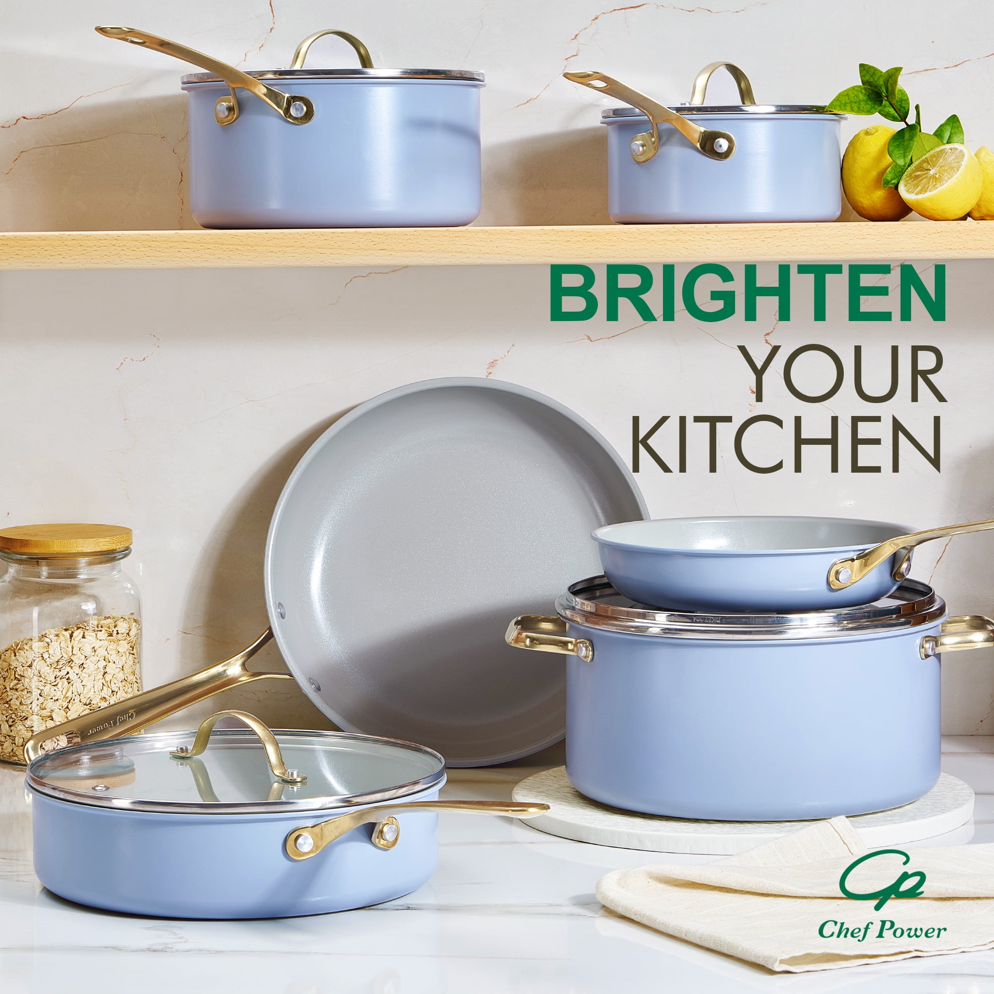 Chef Power 10 Pcs Ceramic Non Stick Cookware Sets, Pots and Pans Set with Stainless Steel Handle, Dishwasher and Oven Safe, Blue Gray with Light Gold Handle