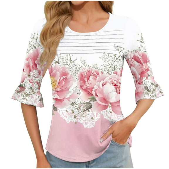 HOMBOM Pink Tops for Women Crew Neck Half Sleeve Pullover Casual Floral Front Pleated Ruffle Sleeve Tee