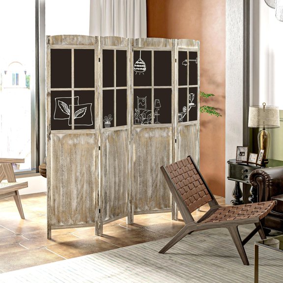 GVN Room Separation Divider,4 Panel Room Divider, 5.6' Tall Farmhouse Folding Portable Wood Privacy Screen with Black Boards, Natural