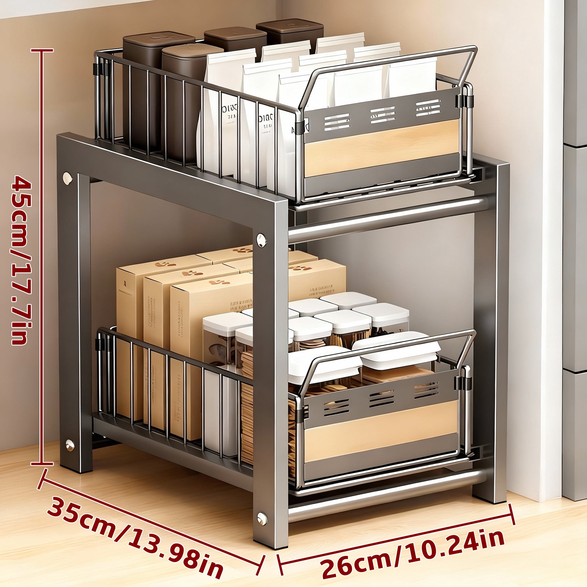 2-Tier Under Sink Storage, Metal Pull Out Cabinet Organizer, Double Sliding Basket Organizer for Kitchen, Bathroom, Black