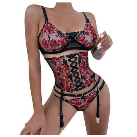 

RPVATI Women s Hollow Out Three Piece Lingerie Set Sexy Lace Mesh Floral Bra and Panty Set with Garter