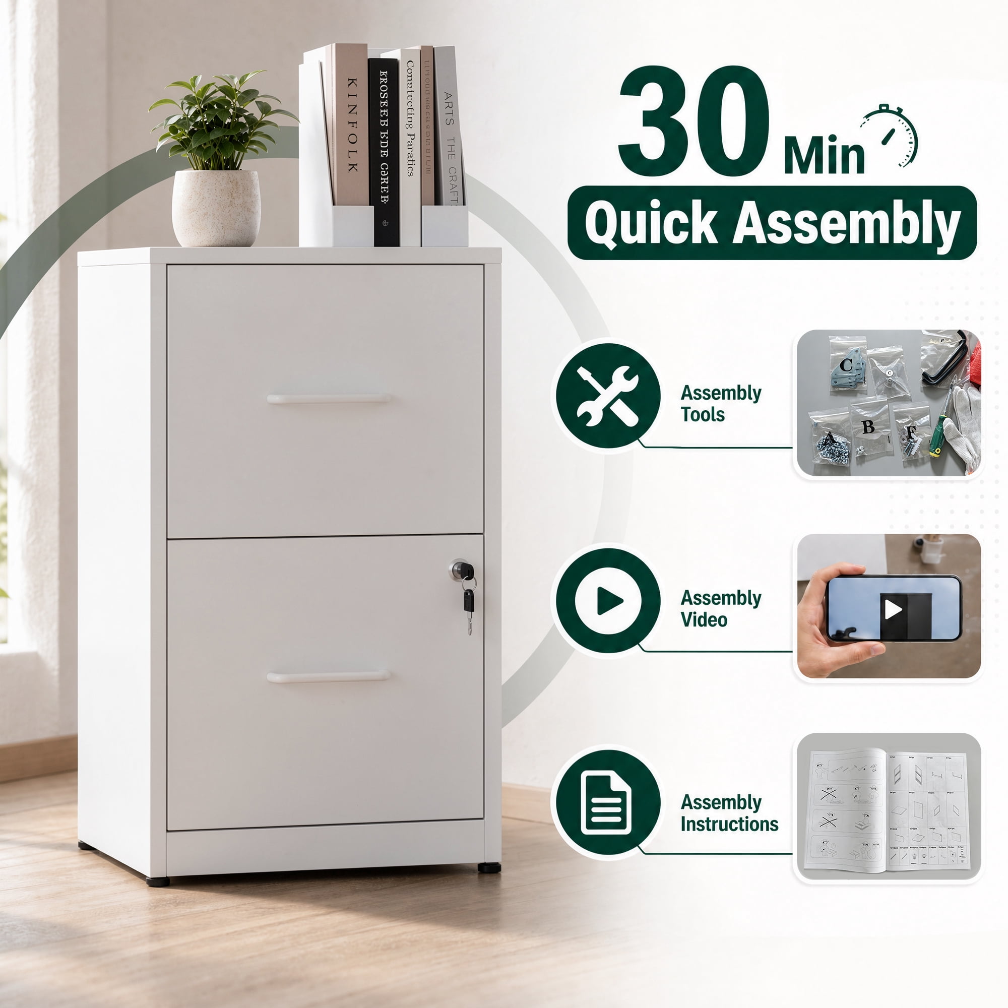 2 Drawer Lockable Metal File Cabinet, Vertical Under Desk Steel Filing Cabinet with Wall Anti-Tip Kit, Adjustable Hanging Rails, Heavy Duty Office Storage Cabinet for Letter/Legal Size Files, White