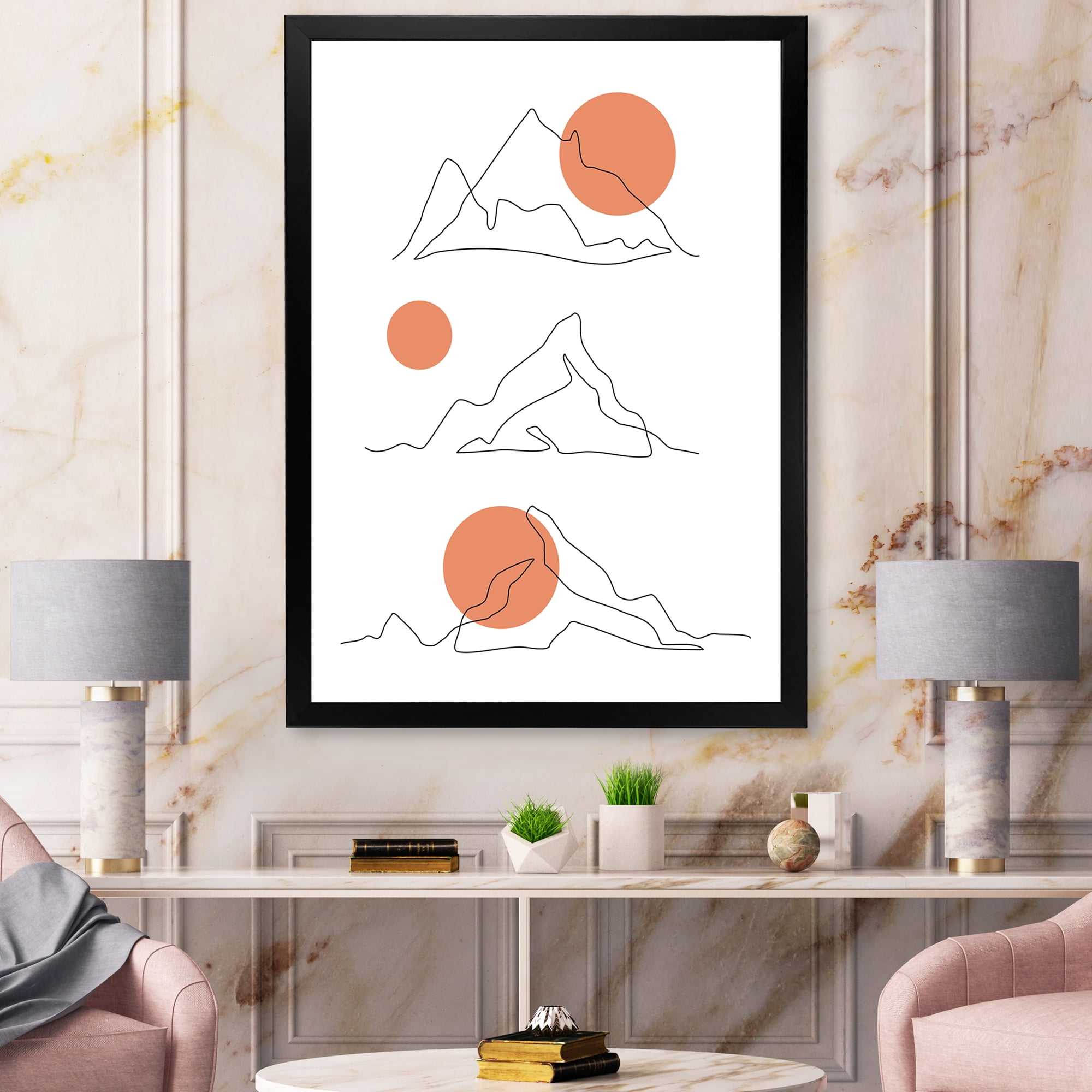 Designart 'Abstract Red Moons With Mountain Range' Modern Framed Art Print
