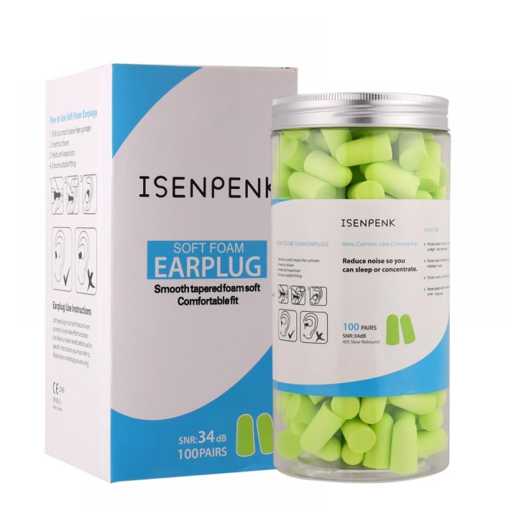 100 Pair Foam Ear Plugs 34dB Noise Reduction Rating, Disposable Soft Foam Earplugs