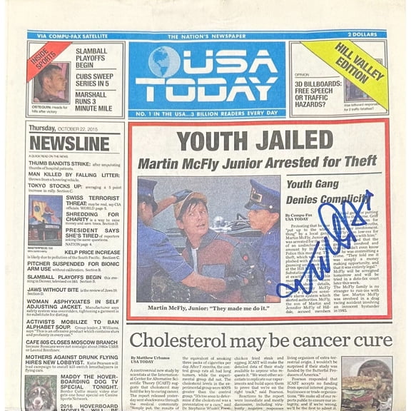 Michael J. Fox Signed Marty McFly Back to the Future USA Tody News Paper JSA
