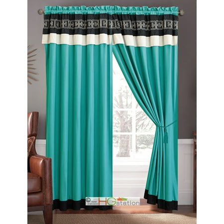 4 Pc Greek Key Meander Motif Embroidery Curtain Set Turquoise Blue