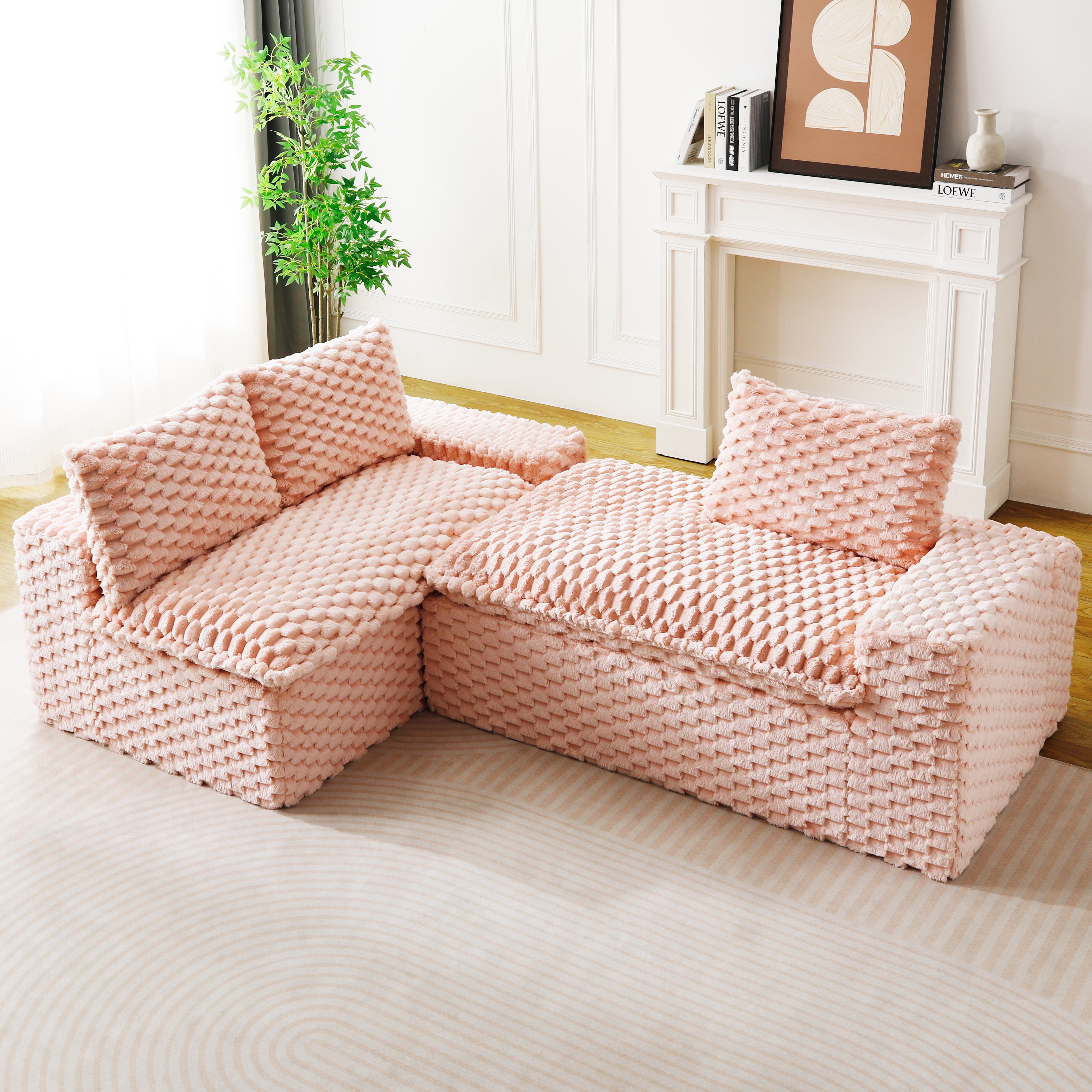 HOQBN 96"W Modular Sectional Sofa,L Shape Modern Corduroy Cloud Couch,Upholstered Deep Seat Boneless Sofa Couch with Left Chaise Lounge for Living Rooms,No Assembly Required,Pink