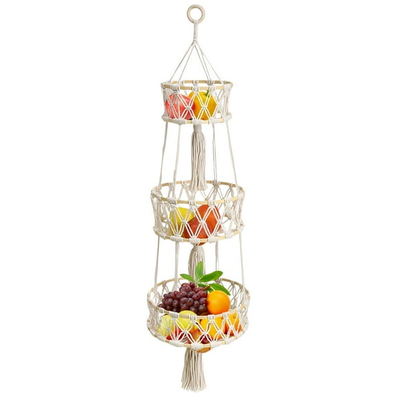 3 Tier Hanging Fruit Basket, Cotton Woven Boho Wall Hanging Basket, Hanging Fruit Basket for Kitchen Bedroom Living Room, Decorative Bohemia Decor Hanging Plant Holder