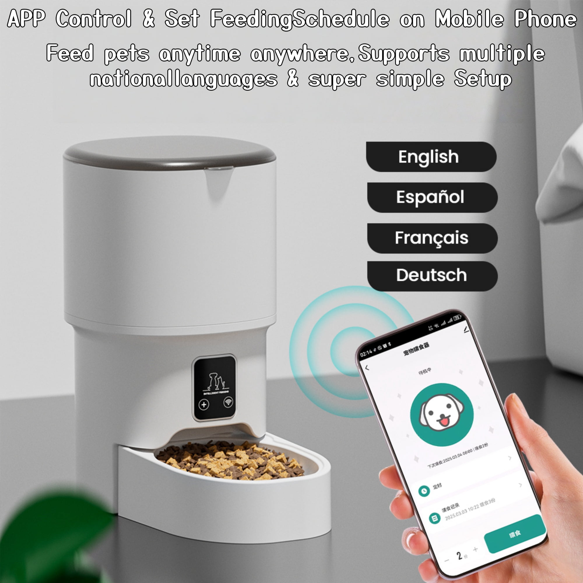 Automatic Cat Feeder, 4L Dog Food Dispenser with WiFi APP Control, Timed Pet Feeder for Cats and Small Dogs, Programmable Portion Control with Slow Feed Mode