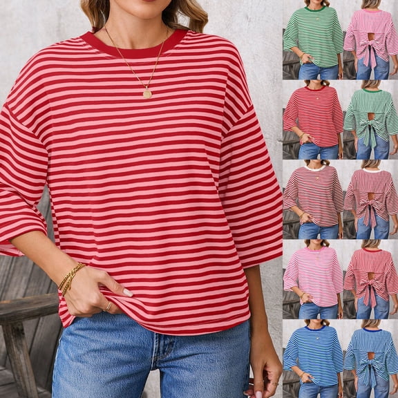 Fengqque Women's Summer Half Sleeve T-Shirts Round Neck Striped Print Back Hollow Bow Womens Tops Red XL(XL)