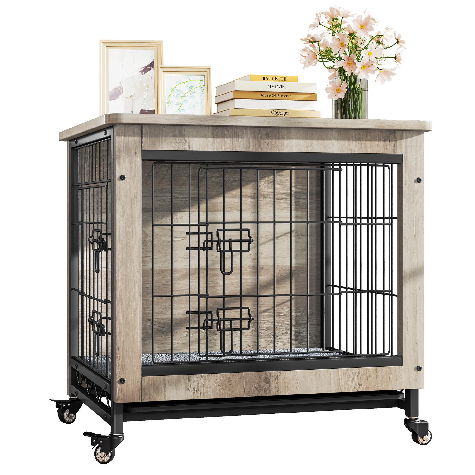 Dextrus Dog Crate Furniture  with Double Doors, Indoor Dogs Kennel with Wheels,Dog Crate End Table with Cushion & Tray-27.1"L x 18"W x 24.8"H,Gray