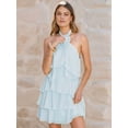 thumbnail image 2 of Womens Backless Halter Neck 3D Floral Applique Layered Ruffled Hem Short Mini Dress Party Wear Light Blue M, 2 of 9